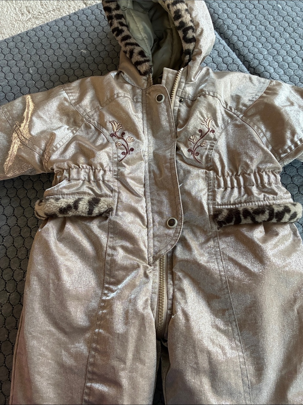 Sparkle Metallic Gold Kids Snow Pants with Leopard Trim